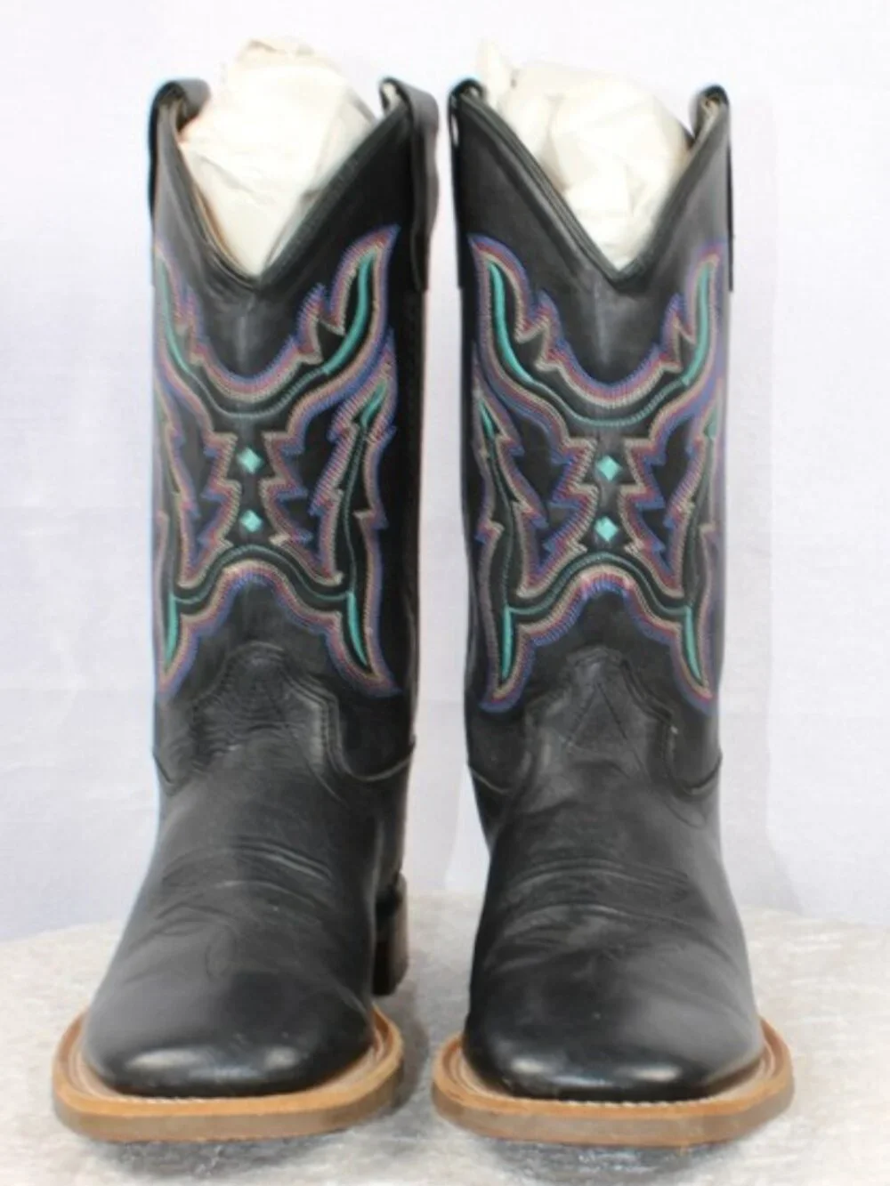 Suyanne Men's 5D Black Leather Western Cowboy Boots Embroidered Square Toe